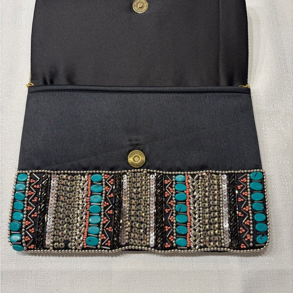 Black Clutch w/Turquoise & Metal Beading 10"x7" Excellent Condition - Picture 12 of 13